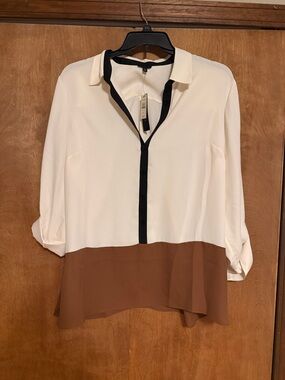Talbots Cream Blouse with Brown Hem and Black Trim